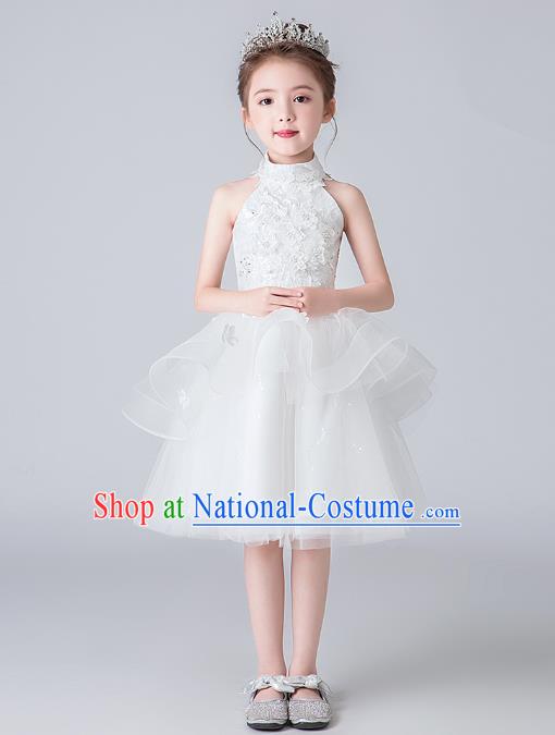 Professional Stage Show White Veil Bubble Dress Girls Birthday Costume Children Top Grade Compere Short Full Dress