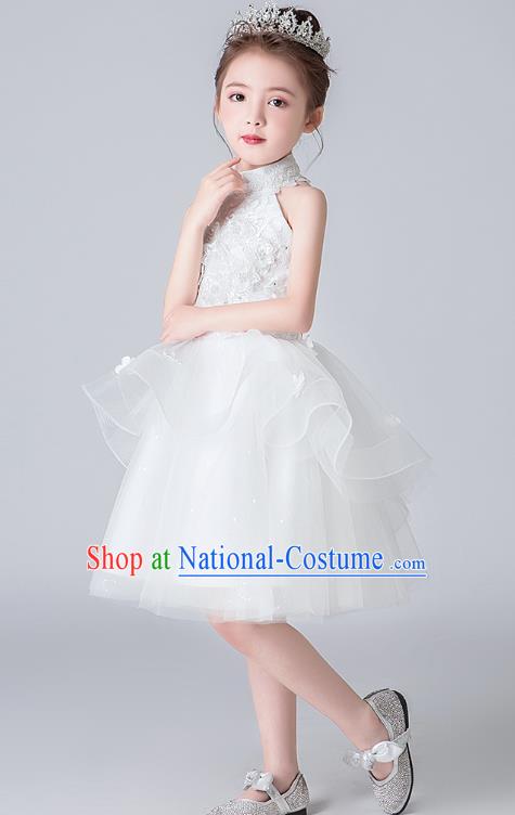 Professional Stage Show White Veil Bubble Dress Girls Birthday Costume Children Top Grade Compere Short Full Dress