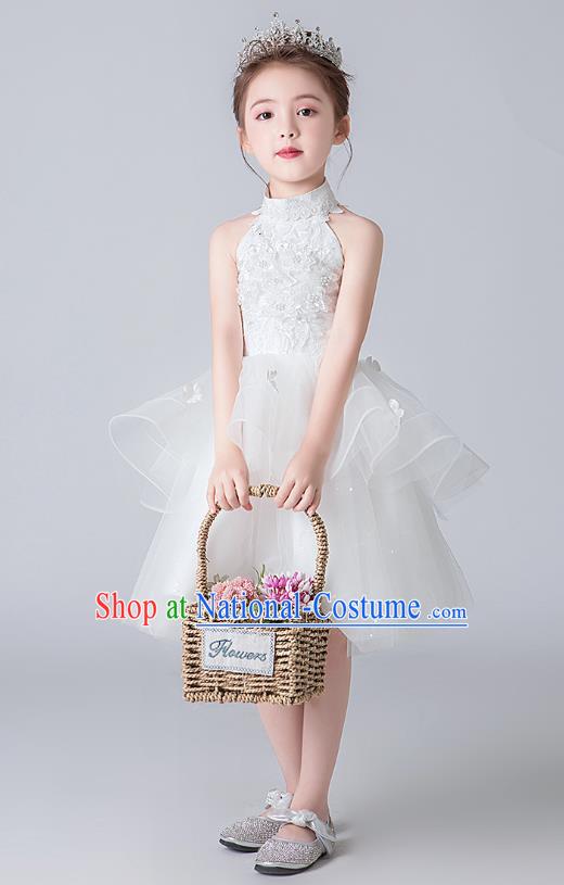 Professional Stage Show White Veil Bubble Dress Girls Birthday Costume Children Top Grade Compere Short Full Dress