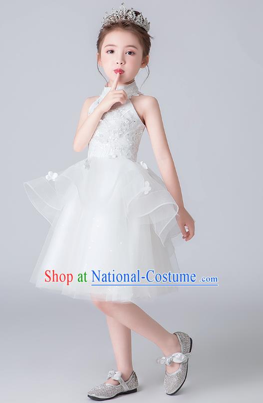 Professional Stage Show White Veil Bubble Dress Girls Birthday Costume Children Top Grade Compere Short Full Dress