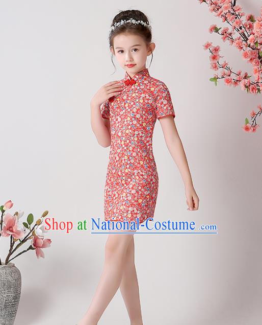 Chinese Traditional Tang Suit Red Qipao Dress Apparels Ancient Girl Costumes Stage Show Short Cheongsam for Kids