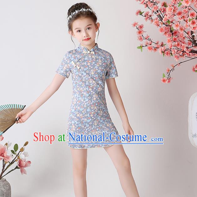 Chinese Traditional Tang Suit Grey Qipao Dress Apparels Ancient Girl Costumes Stage Show Short Cheongsam for Kids