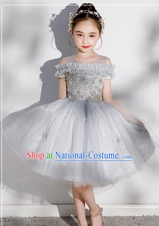 Professional Stage Show Grey Veil Bubble Dress Girls Birthday Costume Children Top Grade Compere Short Full Dress