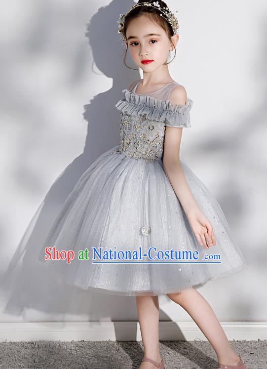 Professional Stage Show Grey Veil Bubble Dress Girls Birthday Costume Children Top Grade Compere Short Full Dress