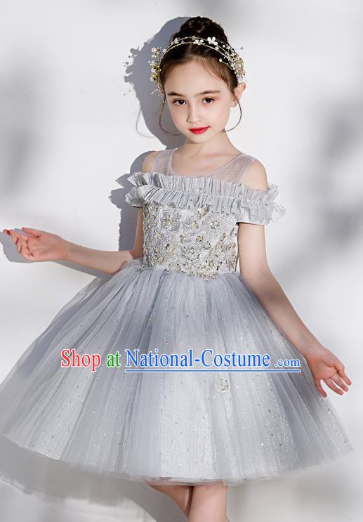 Professional Stage Show Grey Veil Bubble Dress Girls Birthday Costume Children Top Grade Compere Short Full Dress