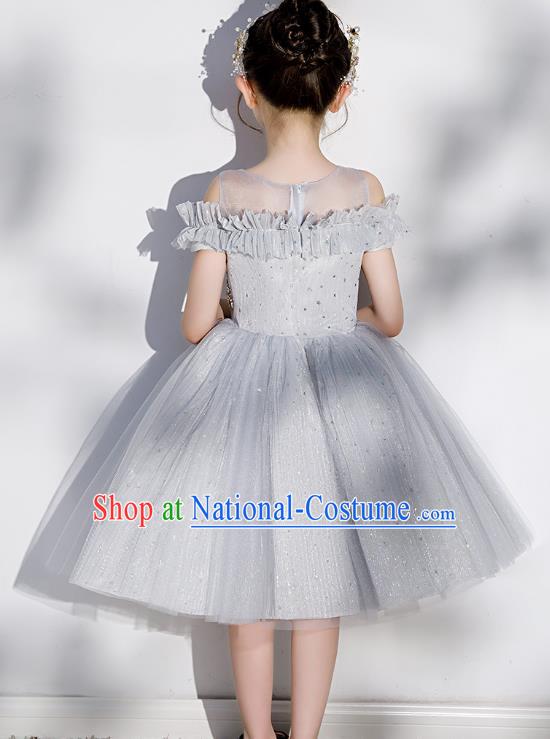 Professional Stage Show Grey Veil Bubble Dress Girls Birthday Costume Children Top Grade Compere Short Full Dress