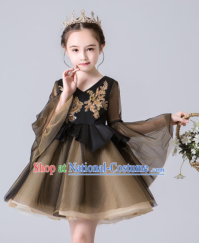 Professional Stage Show Black Veil Bubble Dress Girls Birthday Costume Children Top Grade Compere Short Full Dress