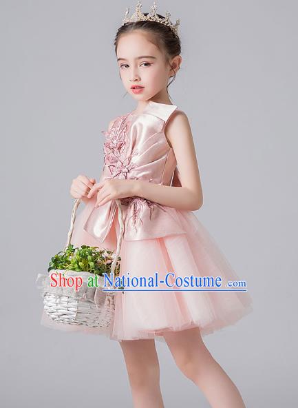 Professional Stage Show Pink Veil Bubble Dress Girls Birthday Costume Children Top Grade Compere Short Bowknot Full Dress