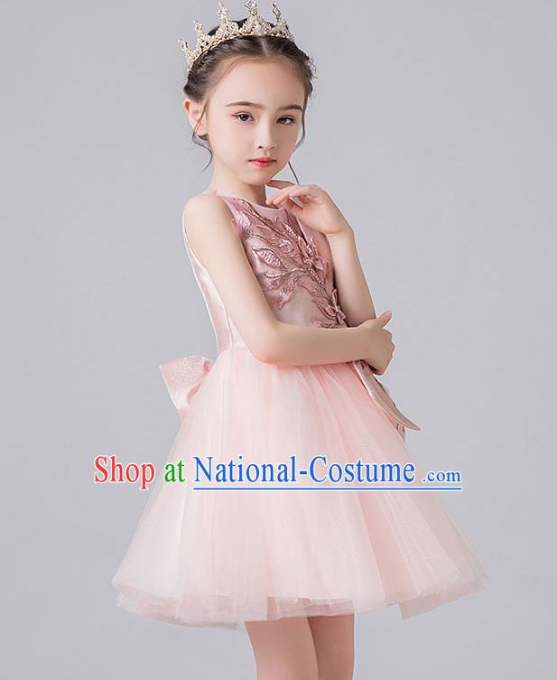 Professional Stage Show Pink Veil Bubble Dress Girls Birthday Costume Children Top Grade Compere Short Bowknot Full Dress