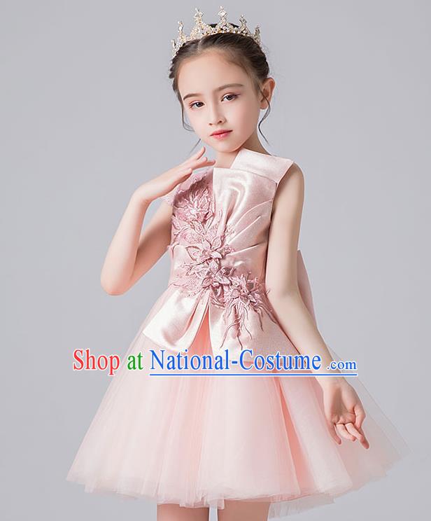 Professional Stage Show Pink Veil Bubble Dress Girls Birthday Costume Children Top Grade Compere Short Bowknot Full Dress