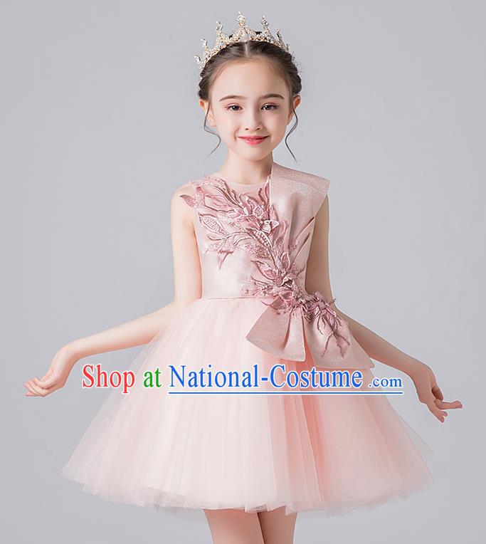 Professional Stage Show Pink Veil Bubble Dress Girls Birthday Costume Children Top Grade Compere Short Bowknot Full Dress