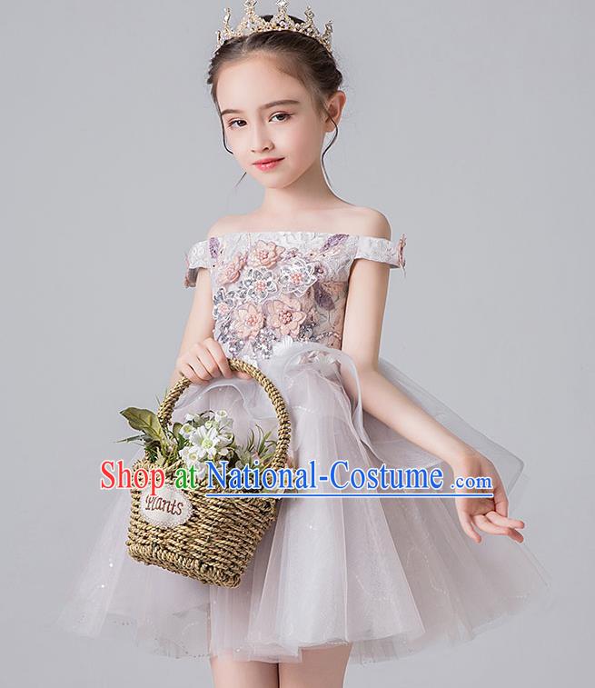 Professional Stage Show Veil Bubble Dress Girls Birthday Costume Children Top Grade Compere Grey Short Full Dress