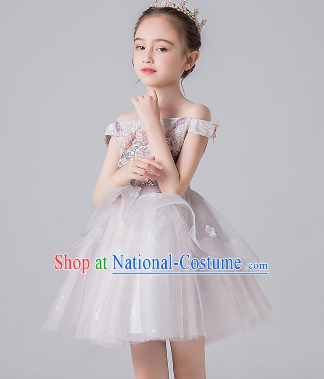 Professional Stage Show Veil Bubble Dress Girls Birthday Costume Children Top Grade Compere Grey Short Full Dress