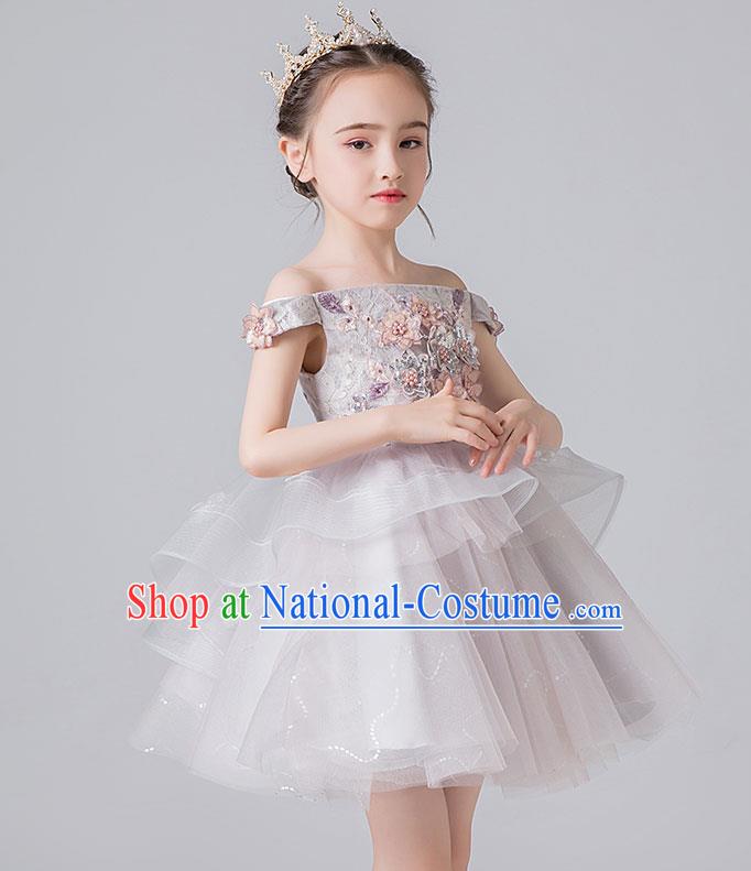 Professional Stage Show Veil Bubble Dress Girls Birthday Costume Children Top Grade Compere Grey Short Full Dress