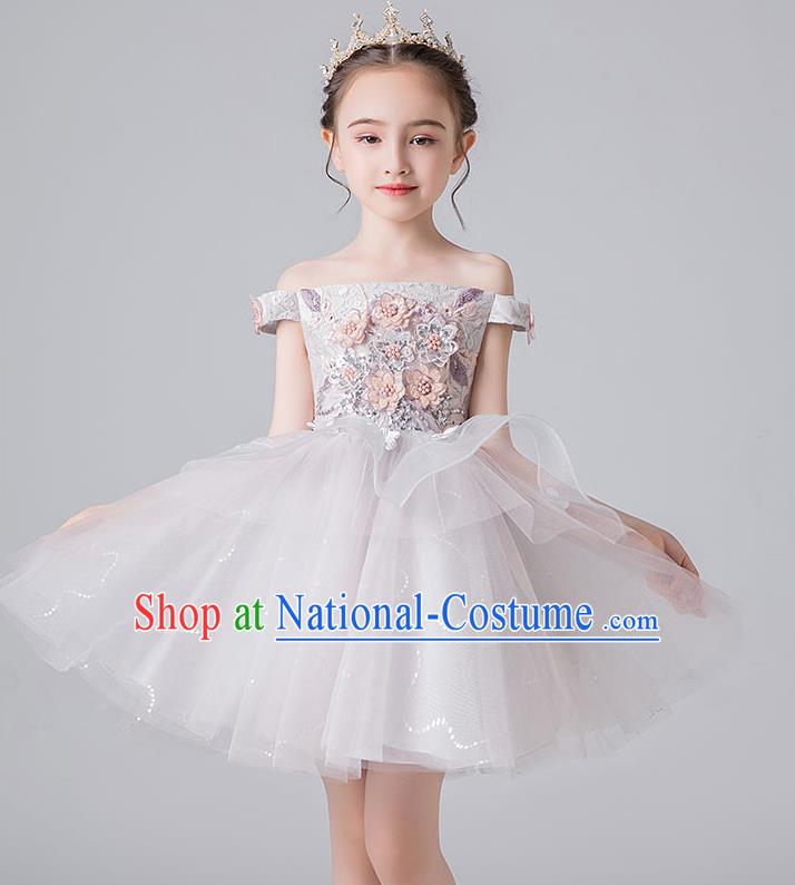 Professional Stage Show Veil Bubble Dress Girls Birthday Costume Children Top Grade Compere Grey Short Full Dress