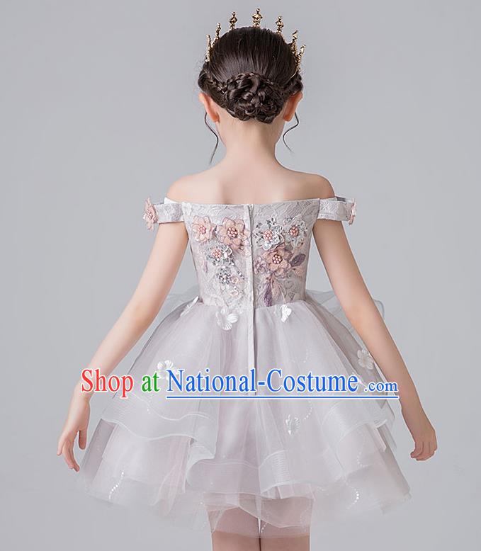 Professional Stage Show Veil Bubble Dress Girls Birthday Costume Children Top Grade Compere Grey Short Full Dress