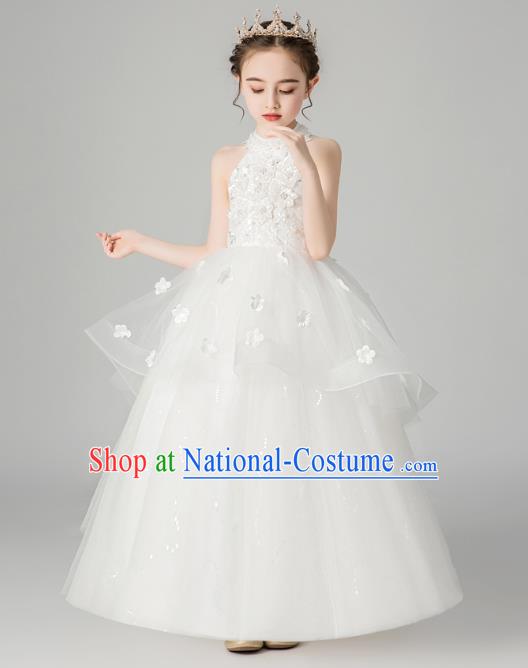 Professional Stage Show Girls Catwalks White Veil Dress Children Birthday Costume Top Grade Compere Full Dress