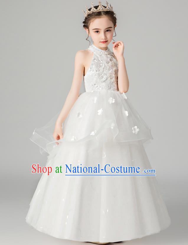 Professional Stage Show Girls Catwalks White Veil Dress Children Birthday Costume Top Grade Compere Full Dress