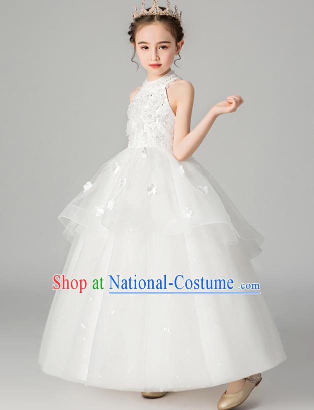 Professional Stage Show Girls Catwalks White Veil Dress Children Birthday Costume Top Grade Compere Full Dress