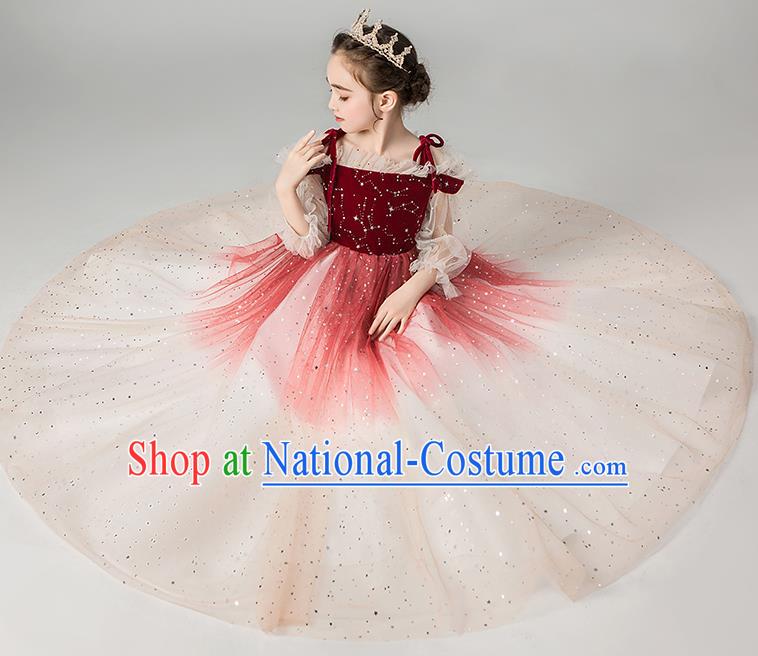 Professional Stage Show Girls Catwalks Purplish Red Velvet Dress Children Birthday Costume Top Grade Compere Veil Full Dress