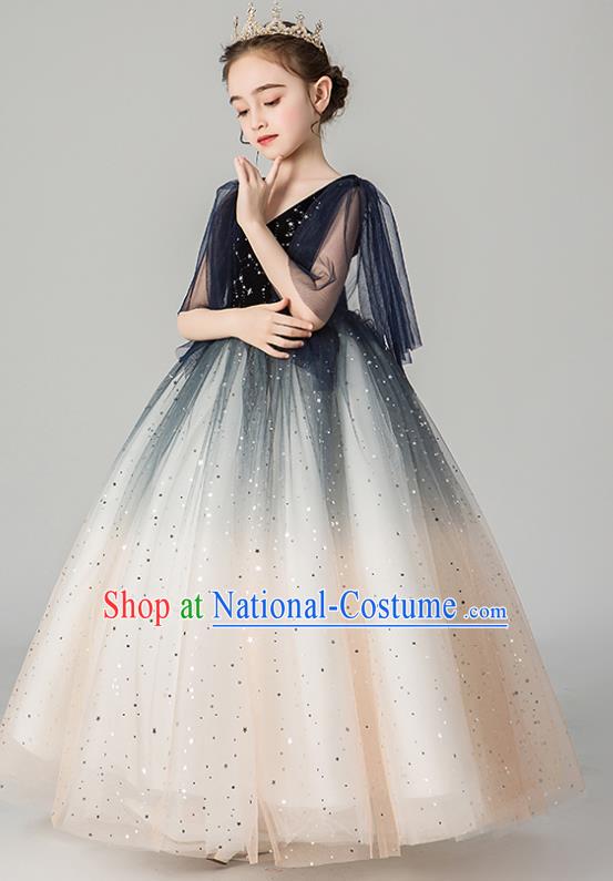 Professional Stage Show Girls Catwalks Navy Velvet Dress Children Birthday Costume Top Grade Compere Veil Full Dress