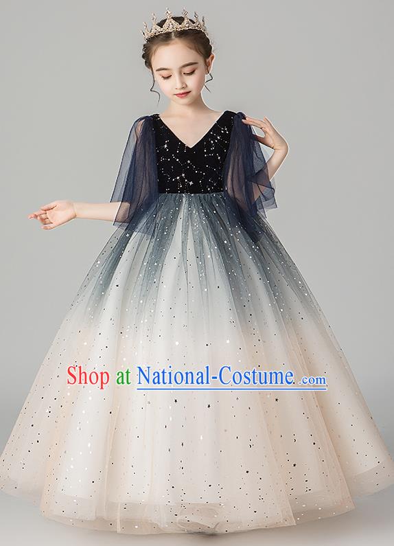 Professional Stage Show Girls Catwalks Navy Velvet Dress Children Birthday Costume Top Grade Compere Veil Full Dress