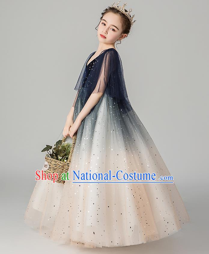 Professional Stage Show Girls Catwalks Navy Velvet Dress Children Birthday Costume Top Grade Compere Veil Full Dress