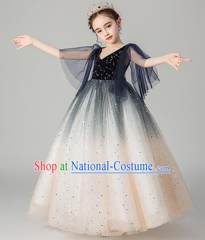 Professional Stage Show Girls Catwalks Navy Velvet Dress Children Birthday Costume Top Grade Compere Veil Full Dress