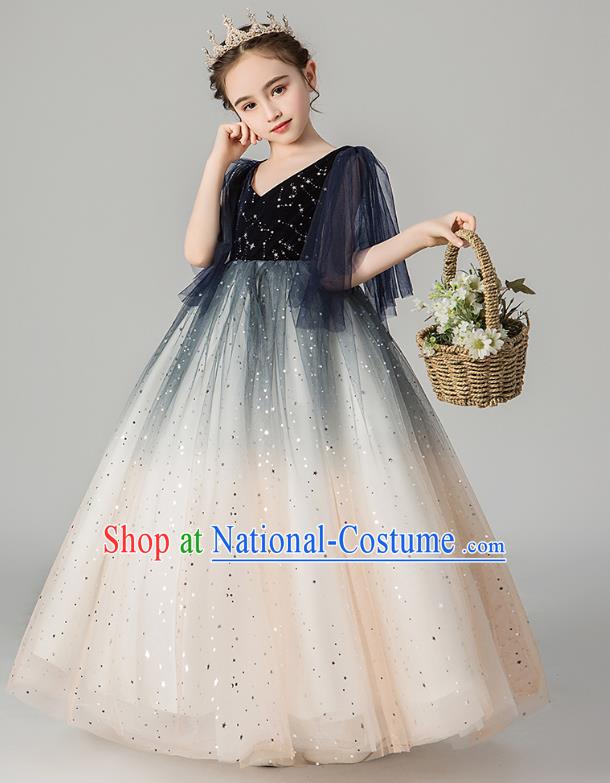 Professional Stage Show Girls Catwalks Navy Velvet Dress Children Birthday Costume Top Grade Compere Veil Full Dress