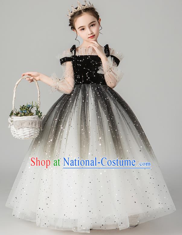 Professional Stage Show Girls Catwalks Black Velvet Dress Children Birthday Costume Top Grade Compere Veil Full Dress