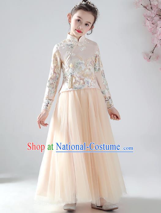 Chinese Traditional Tang Suit Apricot Blouse and Skirt Qipao Dress Ancient Girl Costumes Stage Show Cheongsam Apparels for Kids