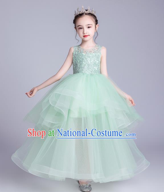 Top Grade Stage Show Green Veil Dress Children Girls Birthday Costume Compere Embroidered Full Dress