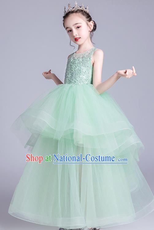 Top Grade Stage Show Green Veil Dress Children Girls Birthday Costume Compere Embroidered Full Dress