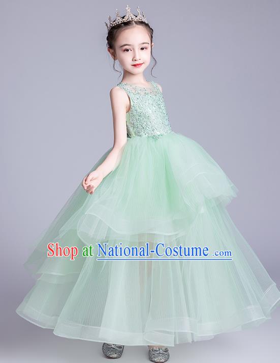 Top Grade Stage Show Green Veil Dress Children Girls Birthday Costume Compere Embroidered Full Dress