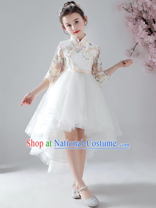 Chinese Traditional Tang Suit White Bubble Qipao Dress Girl Costumes Stage Show Veil Cheongsam Apparels for Kids