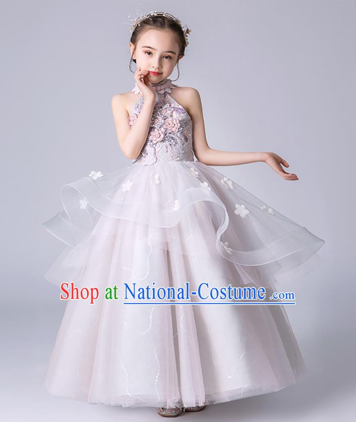 Professional Stage Show Girls Catwalks Lilac Dress Children Birthday Costume Top Grade Compere Veil Full Dress