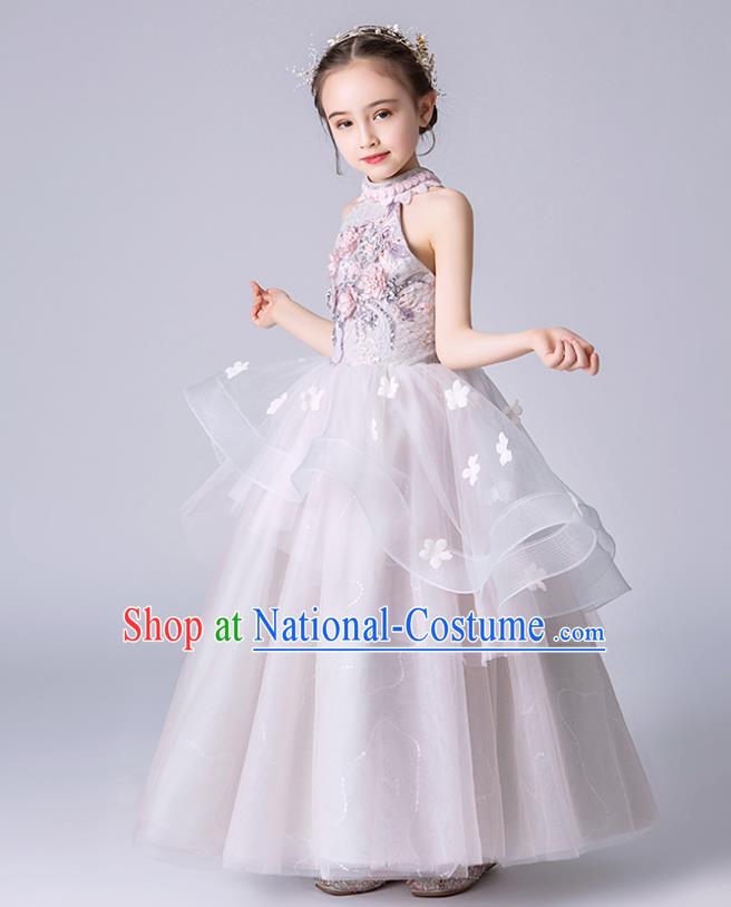 Professional Stage Show Girls Catwalks Lilac Dress Children Birthday Costume Top Grade Compere Veil Full Dress