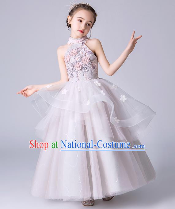 Professional Stage Show Girls Catwalks Lilac Dress Children Birthday Costume Top Grade Compere Veil Full Dress