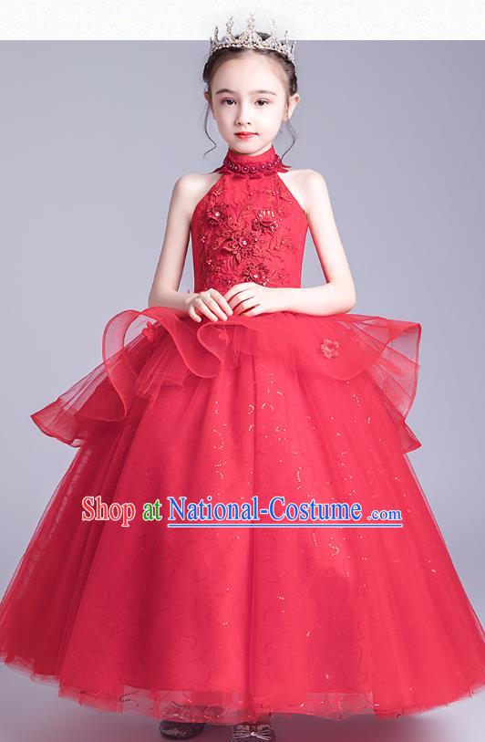 Top Grade Stage Show Red Veil Dress Girls Birthday Costume Children Compere Full Dress