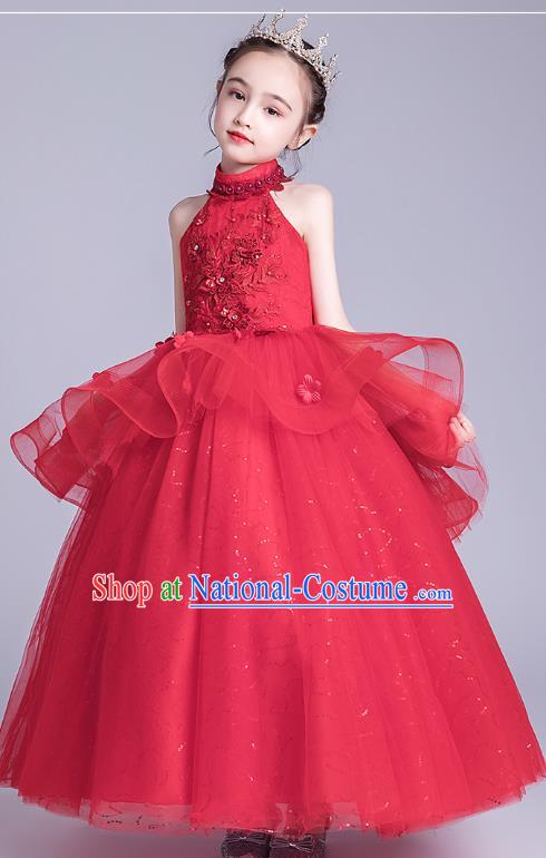 Top Grade Stage Show Red Veil Dress Girls Birthday Costume Children Compere Full Dress