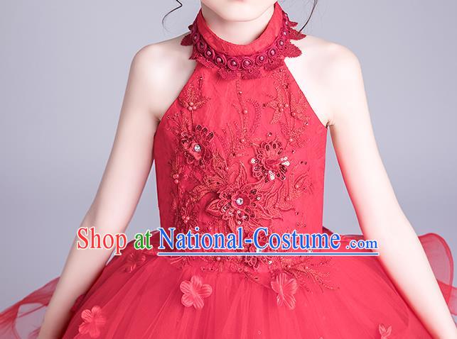 Top Grade Stage Show Red Veil Dress Girls Birthday Costume Children Compere Full Dress