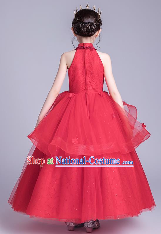 Top Grade Stage Show Red Veil Dress Girls Birthday Costume Children Compere Full Dress