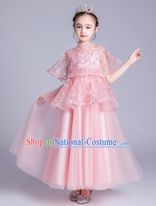 Top Grade Stage Show Princess Pink Dress Girls Birthday Costume Children Compere Full Dress with Cappa