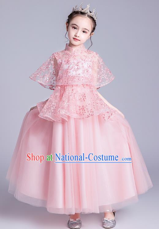 Top Grade Stage Show Princess Pink Dress Girls Birthday Costume Children Compere Full Dress with Cappa