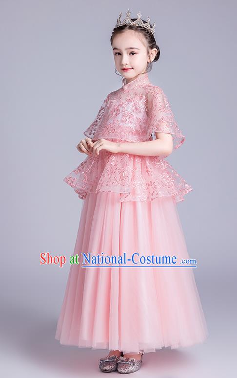 Top Grade Stage Show Princess Pink Dress Girls Birthday Costume Children Compere Full Dress with Cappa