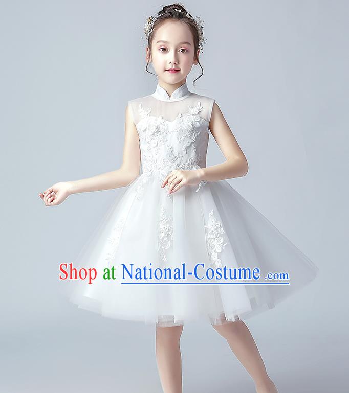 Top Grade Birthday Short Full Dress Children Compere Costume Stage Show Girls Catwalks White Veil Bubble Dress