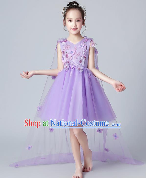 Top Grade Birthday Flowers Fairy Short Full Dress Children Compere Costume Stage Show Girls Catwalks Purple Veil Bubble Dress