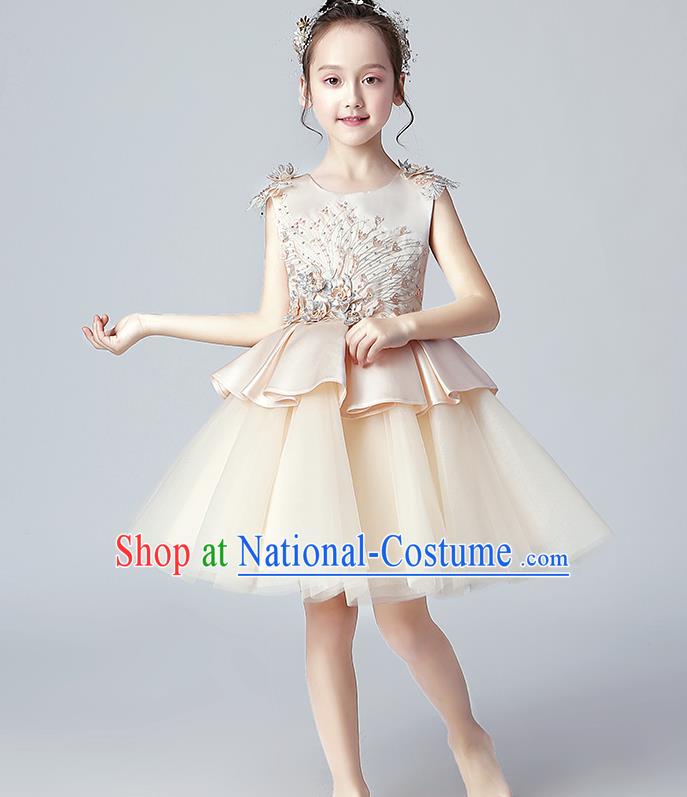 Top Grade Birthday Champagne Satin Full Dress Children Compere Costume Stage Show Girls Catwalks Veil Bubble Dress