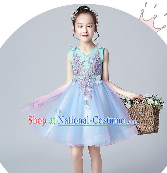 Top Grade Birthday Blue Full Dress Children Compere Costume Stage Show Girls Catwalks Veil Short Dress