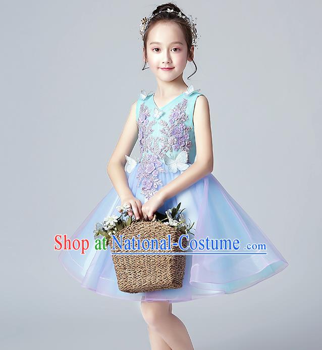 Top Grade Birthday Blue Full Dress Children Compere Costume Stage Show Girls Catwalks Veil Short Dress